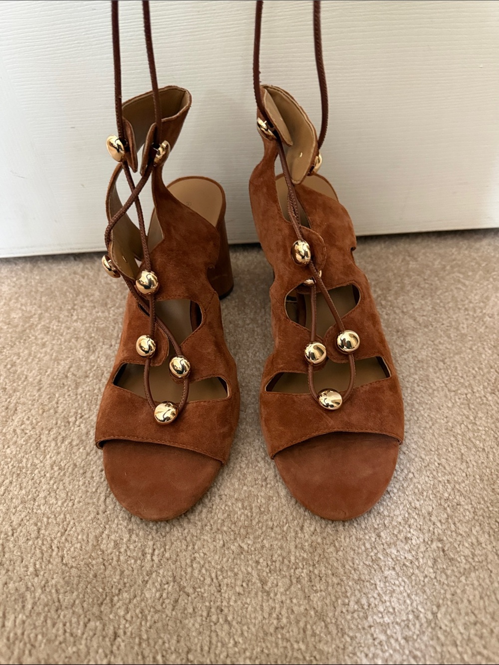 Rebecca Minkoff Brown Suede Lace-Up Block Heel Sandals